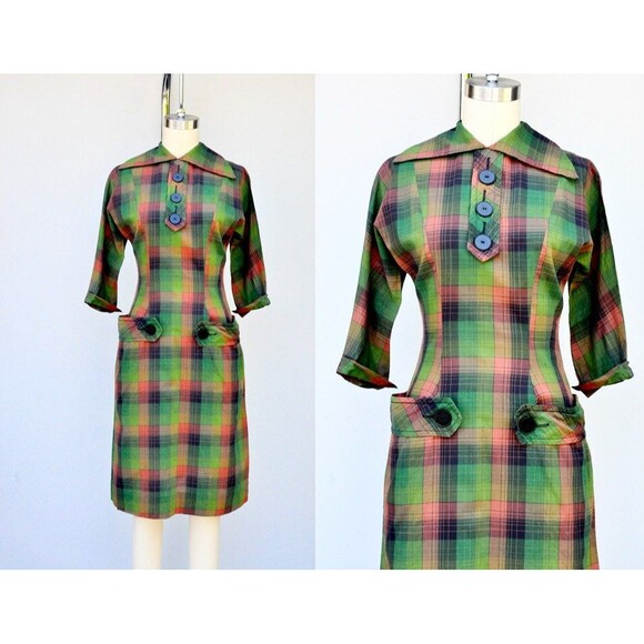 50s Pencil Dress Wiggle Checkered Fitted Bombshell by Vicky Vaughn w/Pockets XS - Picture 1 of 5